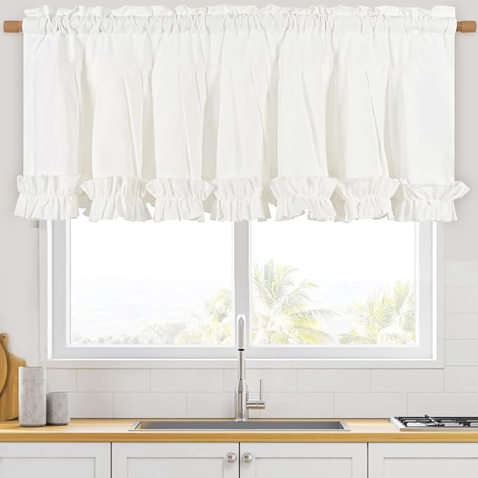 Likiyol Linen Valances for Windows Farmhouse Window Valances with Ruffle Rustic Country Light Filtering Kitchen Valance Curtains Rod Pocket Valance for Bathroom Cafe, White, 52" W X 18" L - Image 2