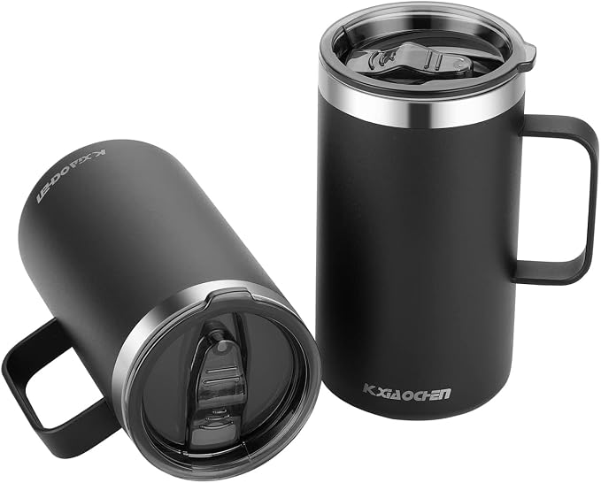 KXIAOCHEN 2-Pack 20 oz Insulated Coffee Mugs, Coffee Cups with Wide Handles | 18/8 stainless steel, sliding lids, 6+ hours hot or 12+ hours cold, wide mouth, no-sweat, for office, home, camping and gifts by KXIAOCHEN