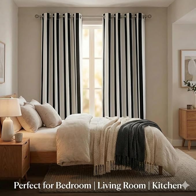 Urban Villa Cotton Grommet Curtains 50x84 (2 Panels) Black White Stripes - Image 3