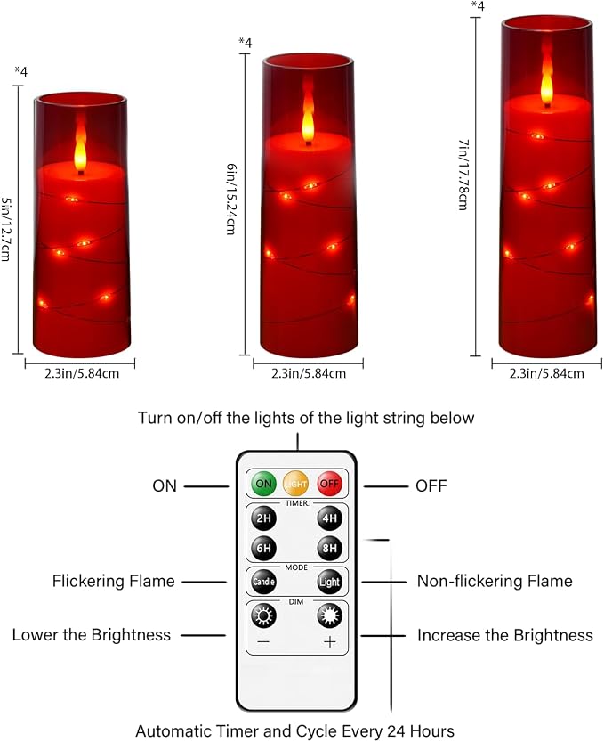 Sasigeiaa Flameless Candles with Embedded Star String - Battery Operated LED Candles, with Remote,12 Red Flickering Candles for Christmas, Weddings, Home Decor & Party,(D 2.3"×H 5" 6" 7") - Image 3