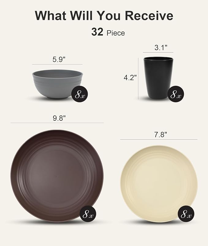 Quatish 32 Piece Plates and Bowls Sets for 8, Unbreakable Dinnerware Sets, Dish Set for Camping, Dishwasher Microwave Safe, Outdoor Kitchen and Apartment Dorm Dinning RV Essentials, Brown - Image 2