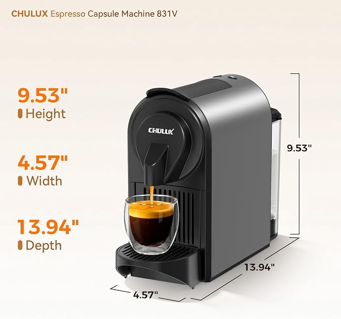 CHULUX Bafè-Pro Espresso Maker for Nes Pod, 20 Bar High Pressure Pump, Gray | 1400W Rapid Heating, Espresso Lungo Buttons, Used Capsule Drawer, Auto-Eject System, 24oz Removable Reservoir, Mini Footprint - Image 7