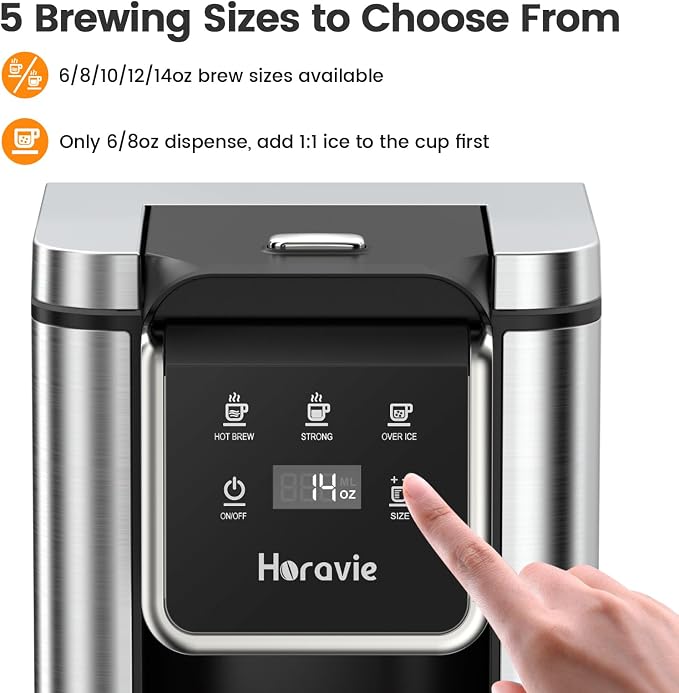 Horavie Single Serve Coffee Maker for K-Cup Pod & Grounds, Hot & Iced Coffee Maker, Strong Button Feature, 6 to 14oz Brew Sizes, 50oz Removable Reservoir, Fit 6.5" Mugs, Stainless Steel, Black - Image 5