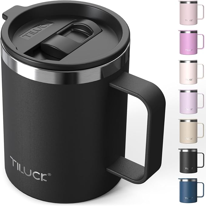 TILUCK 12 oz Insulated Coffee Mug with Lid and Handle | BPA-Free Lid, Double-Wall Vacuum Insulation, Stainless Steel Coffee Cup, Dishwasher Safe Mug for Hot & Cold Drinks,MatteBlack by TILUCKBringsGoodLuck