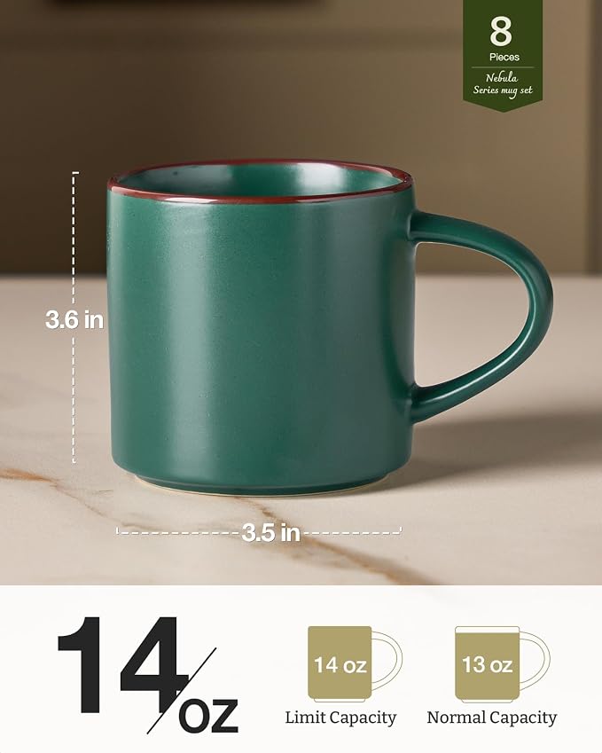 famiware Coffee Mugs Set of 8, Nebula 14oz Coffee Mugs, Ceramic Cup Set with Handle for Latte, Tea, Milk, Cappuccino, Dark Green - Image 4