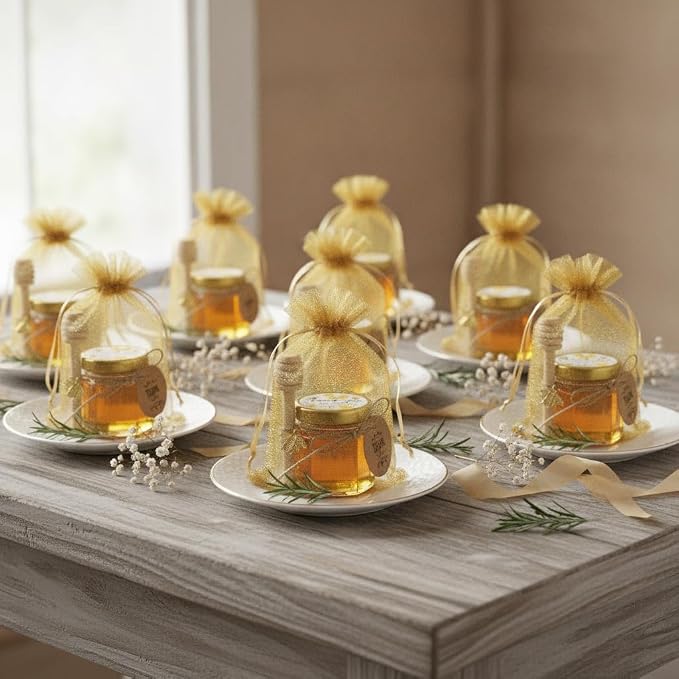 Adabocute 20 Pack Mini Honey Jars with Dipper - Mini Honey Jars for Baby Showers & Wedding Gifts - Gold Lids, Bee Pendants, Jutes and Gift Bags - Image 7