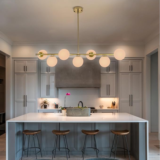 Modern Linear Gold Chandelier for Dining Room, 7-Light Adjustable Dimmable Ceiling Light with Glass Globes, Kitchen Island Pendant Lighting Mid Century Light Fixture for Living Room Bedroom Foyer - Image 7