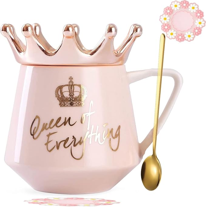 Arawat Pink Queen of Everything Mug with Lid Cute Pink Cup with Crown 12 oz Tea Coffee Mugs Gift with Spoon & Coaster Ceramic Cups Birthday Gifts for Women Girls Friend Valentine's Day Gifts for Women - Image 7