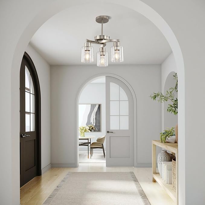 Modern Dining Room Chandelier, 3-Light Brushed Nickel Pendant Light | Industrial Pendant Light, Clear Glass Shade, Adjustable Height, E26, Dimmable - Image 7