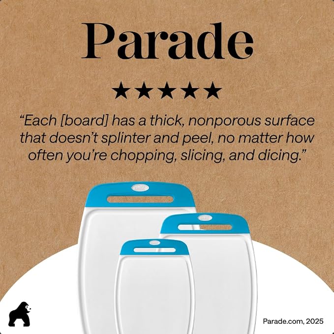 GORILLA GRIP BPA-Free Reversible Kitchen Cutting Board Set of 3, US Designed, Nonporous, Juice Grooves Catch Liquid, Slip Resistant Border, Dishwasher Safe, Durable Large Food Chopping Boards, Aqua - Image 9