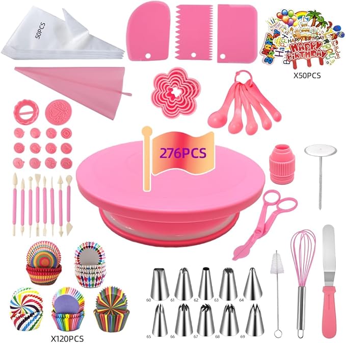 276pcs Cake Decorating Kit with Revolving Cake Turntable,Piping Bags and Tips Set, Cookie cutters,14 Fondant Stamps and Pen,120Cupcake liners,Cake Baking Supplies for Beginners