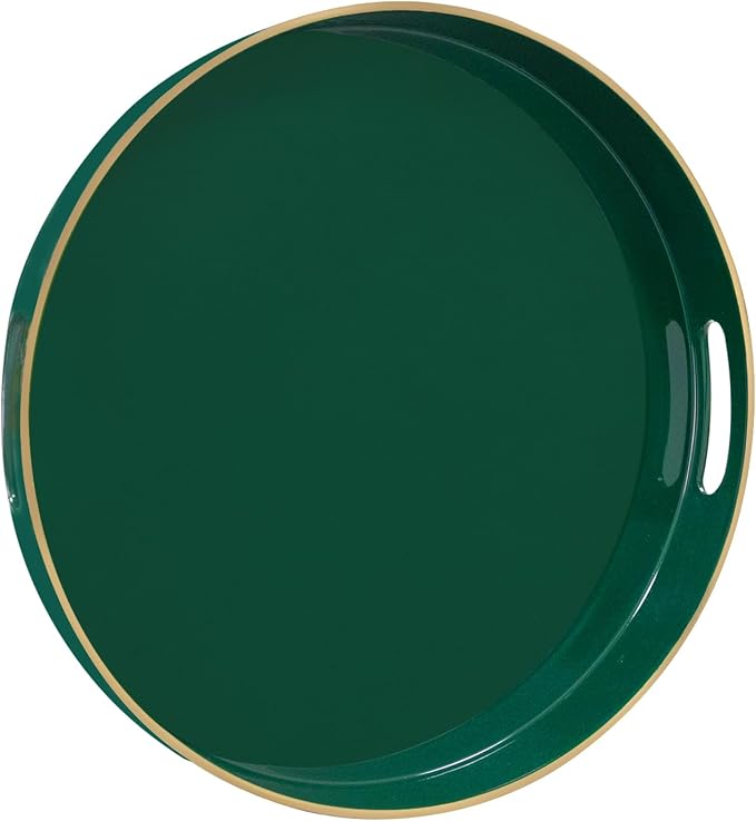 MAONAME 13" Dark Green Decorative Tray, Round Serving Tray with Handles | Plastic Decorative Tray for Coffee Table, Modern Ottoman Tray, Circle Tea Tray, Round Melamine Tray for Living Room, Bathroom by MAONAME