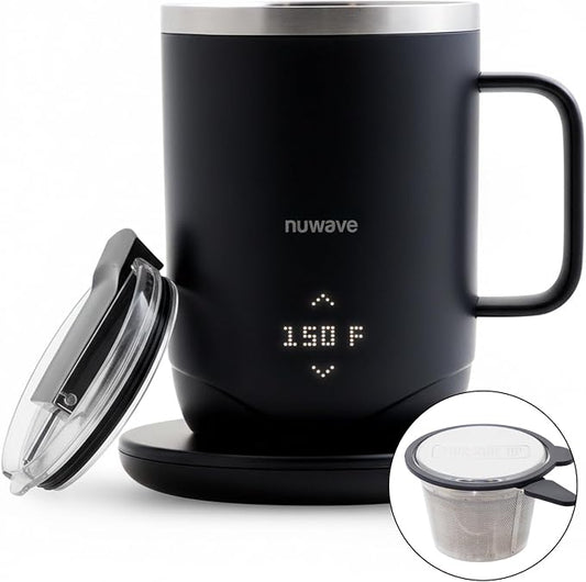 Nuwave Self-Heating Coffee Mug with Charging Base, 16oz, 45201BV02 | Heated Coffee Cup, 5Hr Cordless Runtime, LED Touch Controls, Adjustable Brew Settings, Includes Stainless Steel Filter by NuWave