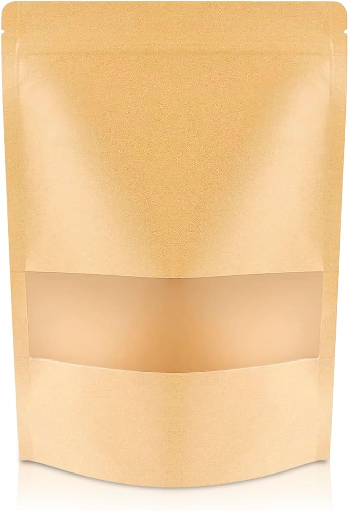 DiRose Kraft Stand Up Pouches with Window, Reclosable Food Storage Bags, Heat Sealable Stand Up Pouch for Coffee, Candy, Nuts, Tea, Spices – 12 oz (100 Pack) by DiRose