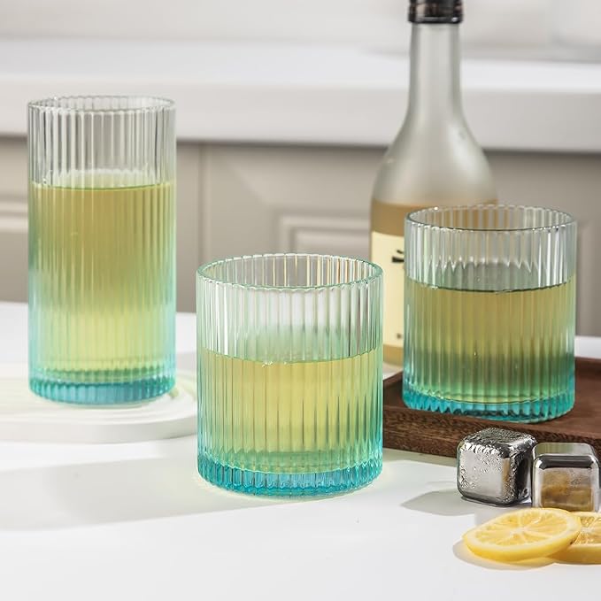 Ribbed Drinking Glasses 8pcs, 12oz and 10oz Glassware, Tumbler Glasses Cup Set for Wedding, Party, Christmas Gift, Blue - Image 7