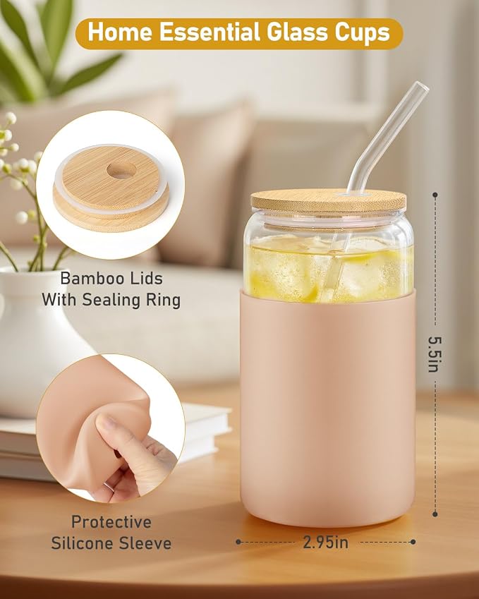 sungwoo Glass Cups with Lids and Straws, 4 Pack 16OZ Iced Coffee Cups with Silicone Sleeve, Glass Tumbler with Straw and Bamboo Lid, Home Essential Drinking Set for Juice, Cocktail and Latte 4 Colors - Image 3