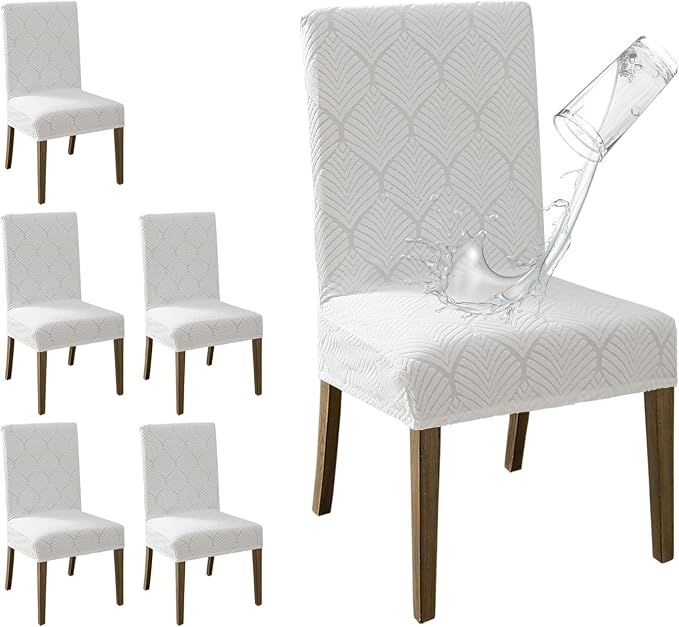 MOSAYT 100% Waterproof Dining Room Chair Covers Set of 6, Super Fit Stretch Jacquard Parson Chairs Slipcovers Removable Washable Chair Seat Protectors for Home, Kitchen, Banquet (White - XL) by MOSAYT