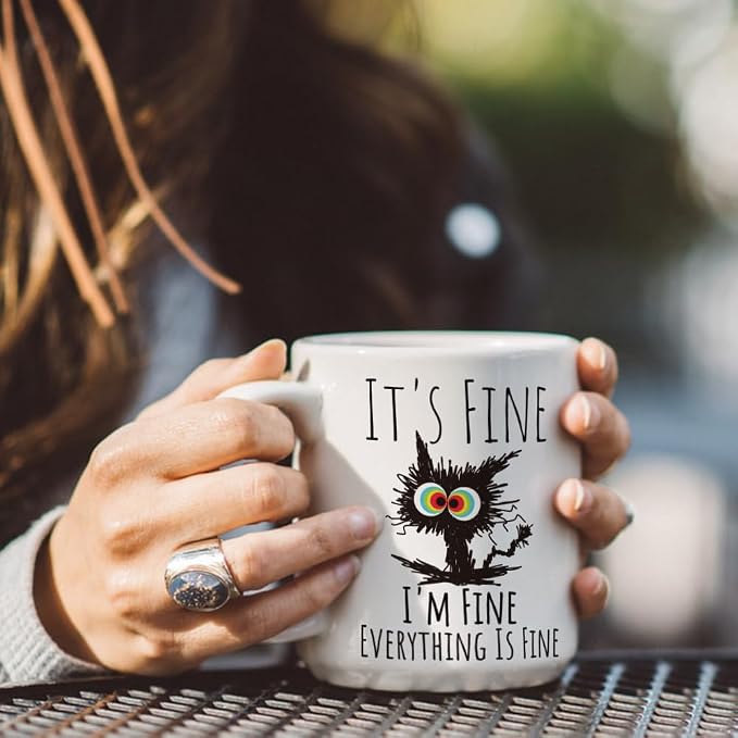 FALJIOK Funny Cat Coffee Mug Gifts for Cat Lover, It's Fine I'm Fine Mug White 11oz, Funny Gifts for Best Friend Bestie, Cats Lover Gift for BIrthday Christmas - Image 3