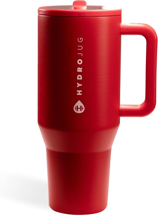 HydroJug Traveler - 32 oz Water Bottle with Handle & Flip Straw - Fits in Cup Holder, Leak Resistant Tumbler-Reusable Insulated Stainless Steel & Rubber Base - Gifts for Women & Men, Alumni Red