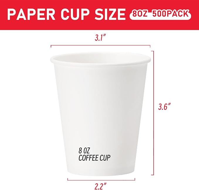 500 Pack 8 oz Paper Cups, Disposable Coffee Cups, White Hot/Cold Beverage Drinking Cups for Water, Coffee, or Juice, Perfect for Office, Party, Home - Image 2