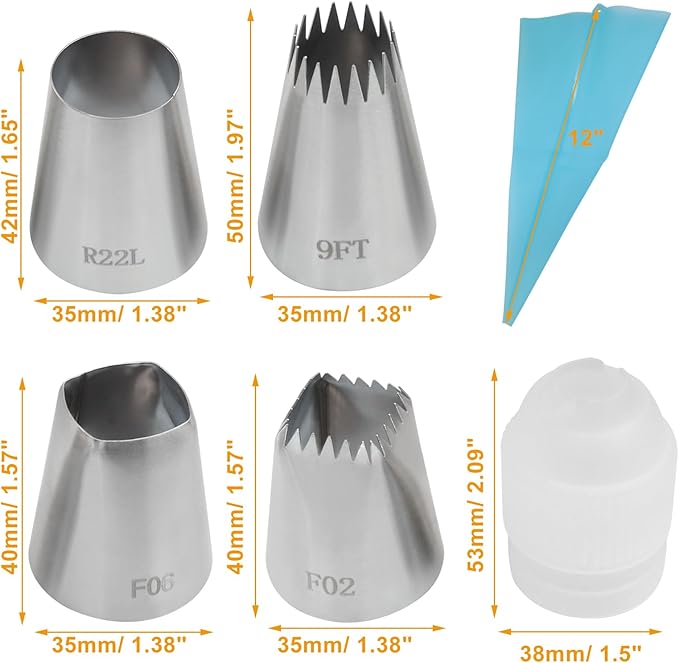4 Pcs Extra Large Piping Tips (R22L F06 9FT F02), Stainless Steel Round Icing Tips Star Square Wide X-Large Piping Tips for Jumbo Eclair Churro Meringue, with Coupler & Silicone Pastry Bag