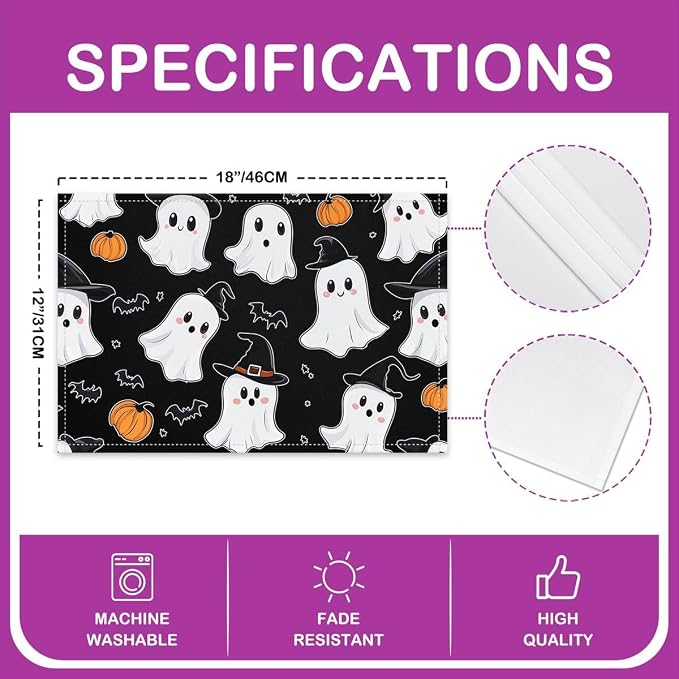 Feelyou Happy Halloween Placemats Set of 4 Cute Ghost Pumpkin Table Mats for Party Kitchen Dining Decoration Black White Orange Place Mat for Table Holiday Decor Indoor Outdoor 18"x12" Non-Slip Bats - Image 4