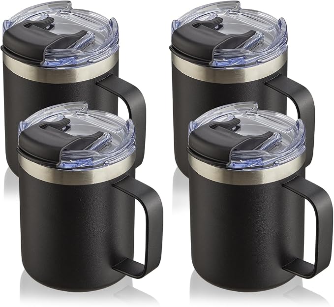 12oz Insulated Travel Coffee Mug with Handle, Black, 4 Pack | Stainless Steel Coffee Tumbler with Lid, Double Wall Vacuum Thermal Cup for Camping by ALOUFEA