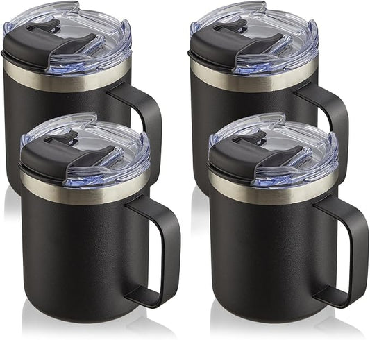 12oz Insulated Travel Coffee Mug with Handle, Black, 4 Pack | Stainless Steel Coffee Tumbler with Lid, Double Wall Vacuum Thermal Cup for Camping by ALOUFEA