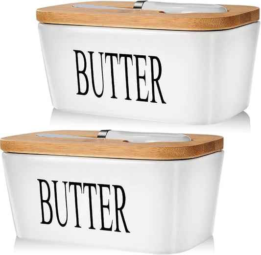 Ceramic Butter Dish with Lid and Knife & Silicone Seal 200ml 2 Pack White | Suitable Capacity, Great Sealing, Home Decor Kitchen Gift Housewarming Gift by AISBUGUR