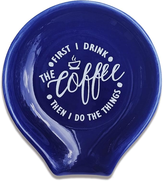 Littlefa Coffee Spoon Rest Holder-Coffee Bar Accessories-Navy Blue | Funny Ceramic Coffee Spoon Rest for Coffee Bar Accessories Essentials, But First I Drink Sign Coffee Lovers Gifts by Littlefa