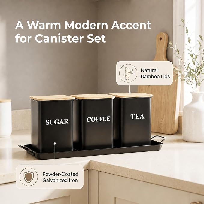 Coffee Tea Sugar Container Set , 50 oz Metal Kitchen Canisters-Black | Countertop Storage Containers with Wood Lids and Tray, Storage Canister for Coffee Bar, Pantry and Farmhouse Kitchen Decor - Image 4