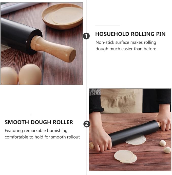 Black Smooth Surface Dough Rolling Pin Non-stick Wooden and Alloy Baking Tool for Kitchen Use and Bread Making - Image 6