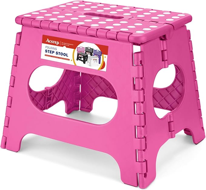 ACSTEP 11" Folding Step Stool for Kids and Adults, Holds 300 lb, Rose red | Heavy Duty Collapsible Foot Stool, Lightweight with Built-in Handle, Non-Slip for Adults Kitchen Bathroom Bedroom Outdoor by ACSTEP