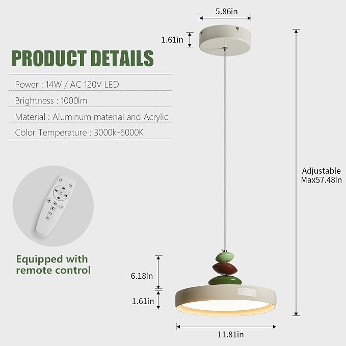 Modern Pendant Lights,White 12" LED Pendant Lighting Fixture with Remote Control Dimmable 3 Color Mode & Brightness, Adjustable Hanging Lamp for Kitchen Dining Room Bedroom Kitchen Island - Image 2
