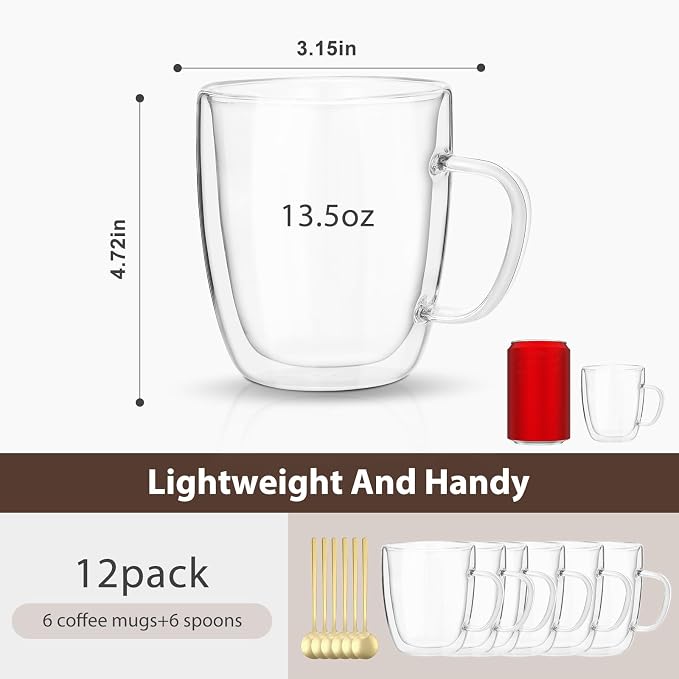 VENVENWEAVS Glass Coffee Mugs Set Of 6, 13.5 OZ Insulated Double Wall Coffee Cups, Perfect for Cappuccino, Latte, Americano, Tea Bag, Beverage,Glass Coffee Cups With Handles - Image 2