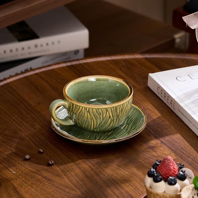 Coffeezone Vintage Design 12 oz Ceramic Latte Art Cappuccino Barista Cup with Saucer (Wave Green) - Image 5
