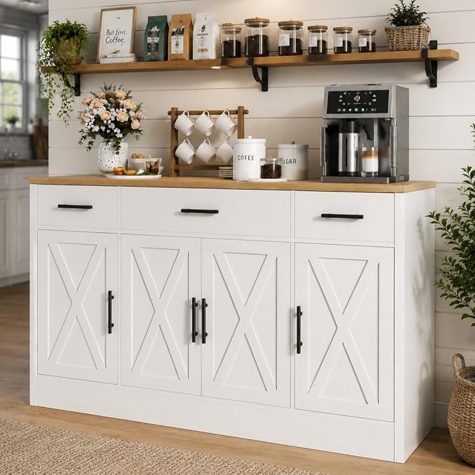 Vongrasig 53” Sideboard Buffet Cabinet with with Storage | Large Farmhouse Coffee Bar Cabinet with 4 Doors and 3 Drawers for Kitchen, Living Room, White by Vongrasig