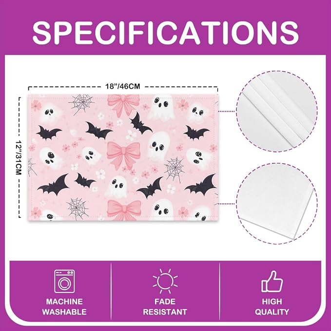 Feelyou Happy Halloween Placemats Set of 4 Cute Ghost Bow Table Mats for Party Kitchen Dining Decoration Holiday Seasonal Pink Black White Place Mat for Dinner Table Indoor Outdoor 18"x12" Non-Slip - Image 4