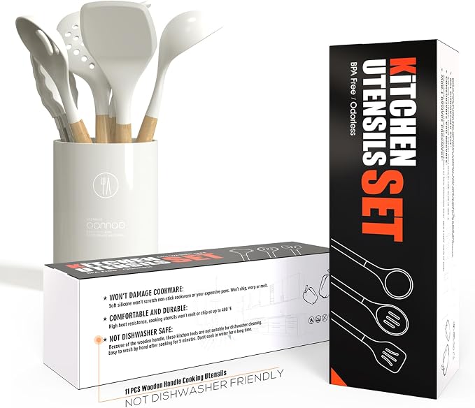 oannao Silicone Cooking Utensils Set - 446°F Heat Resistant Silicone Kitchen Utensils for Cooking,Kitchen Utensil Spatula Set w Wooden Handles for Non-Stick Cookware, BPA FREE (Cream White) - Image 5