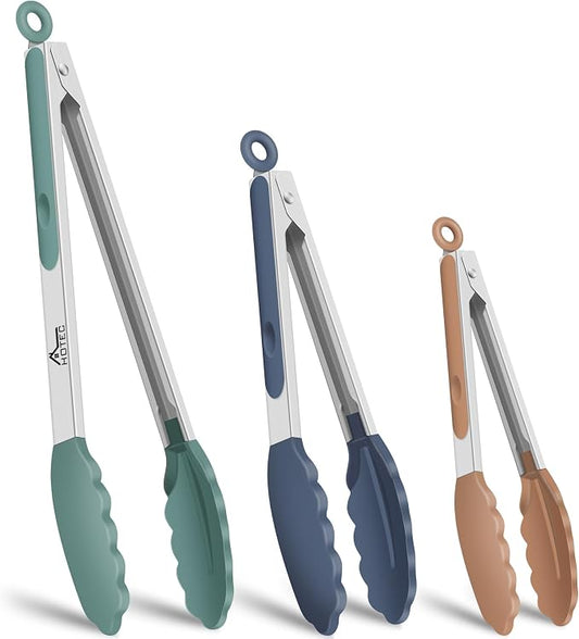 HOTEC Premium Stainless Steel Locking Kitchen Tongs with Silicon Tips, Set of 3-7", 9" and 12" (Neutral) by Hotec