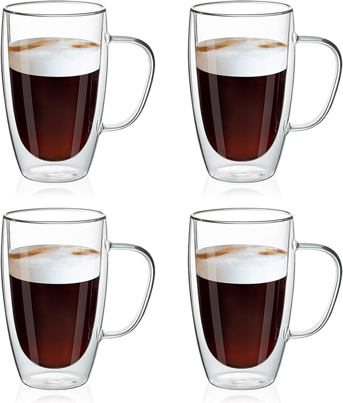 MEWAY 16oz/4 pack Coffee Mugs,Thickened Clear Glass Double Wall Cup with handle for Coffee, Tea, Latte, Cappuccino (16 oz，4) by MEWAY