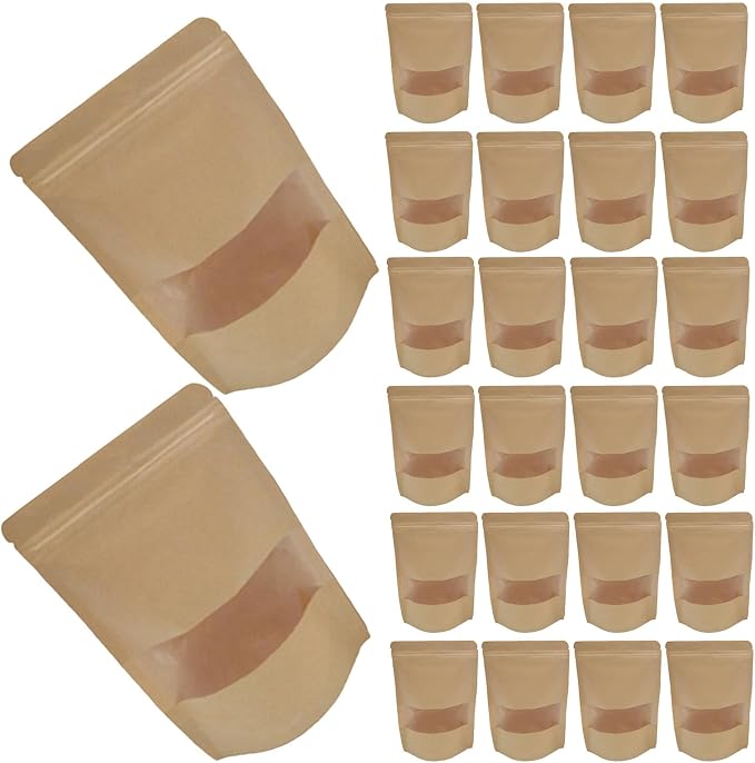 50pcs Reusable Kraft Paper Food Packaging Bags with Window and Resealable Zipper Lock, Self-standing Pouches for Snacks Nuts, for Pantry Organizing by RUNROTOO