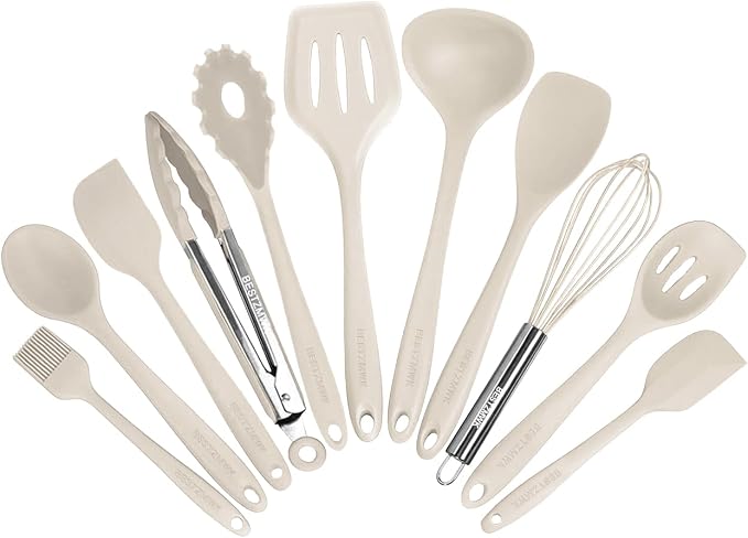 Kitchen Utensil Set - 11 Cooking Utensils - Colorful Silicone Kitchen Utensils - Nonstick Cookware with Spatula Set - Colored Best Kitchen Tools Kitchen Gadgets (Khaki) by BESTZMWK