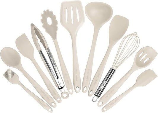 Kitchen Utensil Set - 11 Cooking Utensils - Colorful Silicone Kitchen Utensils - Nonstick Cookware with Spatula Set - Colored Best Kitchen Tools Kitchen Gadgets (Khaki) by BESTZMWK