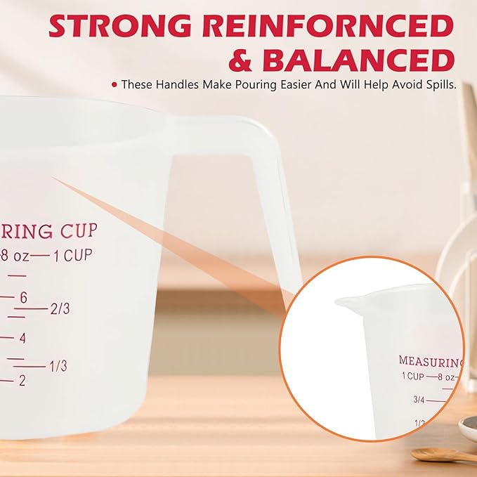 8 Pcs 1 Cup Capacity Plastic Measuring Cup, 8 Oz/250 ml Clear Graduated Measuring Cups Plastic Mug with Spout and Handles Ounce and Ml Cup Marking for Recipe Ingredient, Flour, Water, Liquid