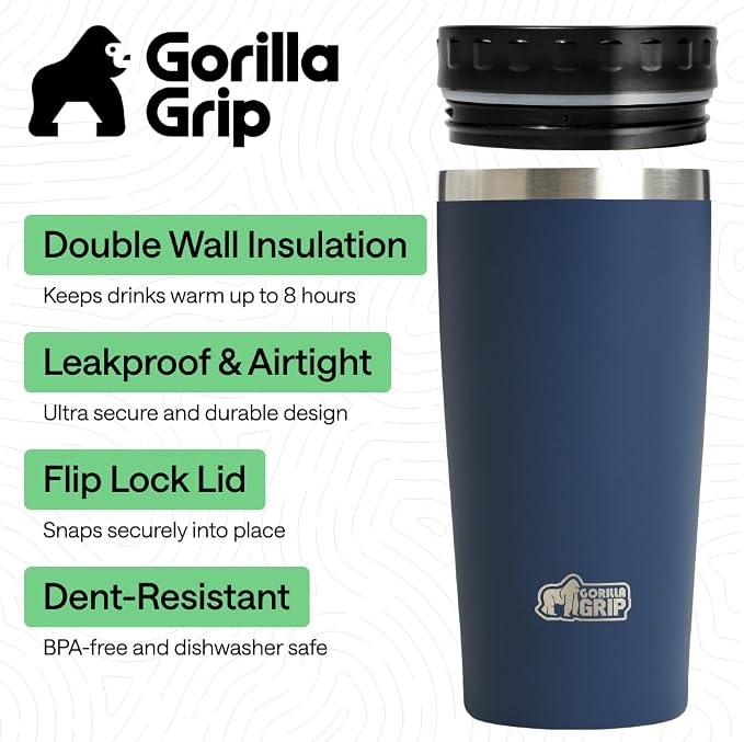 GORILLA GRIP 304 Stainless Steel Double Insulated Travel Coffee Mug, Leakproof Lid with Smooth Sip Top, Prevent Spills, Dent & Rust Resistant Reusable Tumbler Cup, Thermal Mugs for Drinks, 20oz, Navy - Image 2