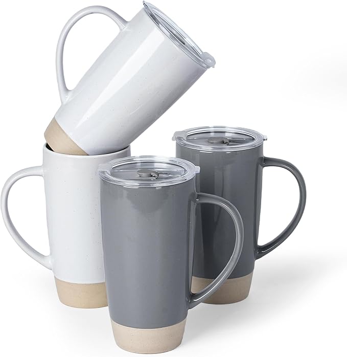 famiware Milkyway Coffee Mugs, 20oz Large Coffee Mug, Ceramic Mug Set of 4 with Lid, Cup Set with Handle for Latte, Tea, Cocoa, Milk, Home & Office, Light Gray and Dark Gray by Famiware