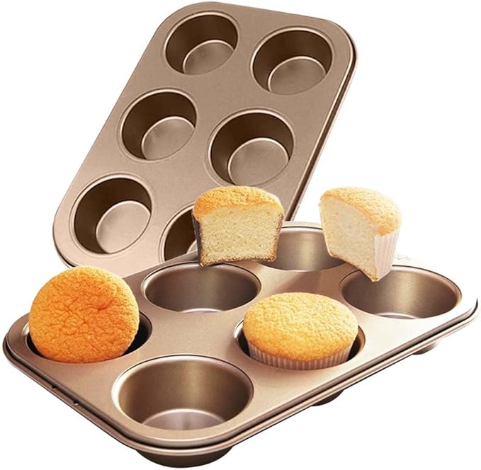 2 Packs Premium Steel Muffin Pan for Baking, Round Muffin Baking Pan, Baking Tray for Muffins, Cupcakes, Brownie(Gold, 6 Cup) by ASBAYSON