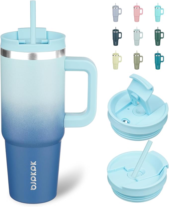 BJPKPK 30 oz Insulated Tumbler with Handle & Straw, Stainless Steel | Double Wall Vacuum Insulation, Leak Proof, BPA Free, Dishwasher Safe, Cupholder Friendly, Travel & Outdoor, Sky by BJPKPK