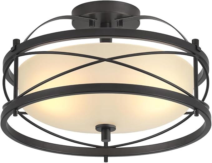 Entryway Drum Light Fixtures, Semi-Flush Mount Rustic Ceiling Light for Hallway Living Room Bedroom Kitchen (Black) by LHLYCLX